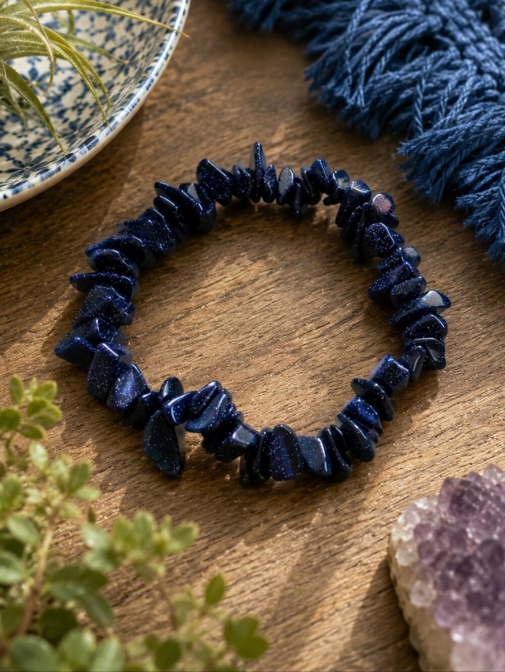 Blue Goldstone Chips Stretch Bracelet Handmade Boho Whimsygoth Celestial